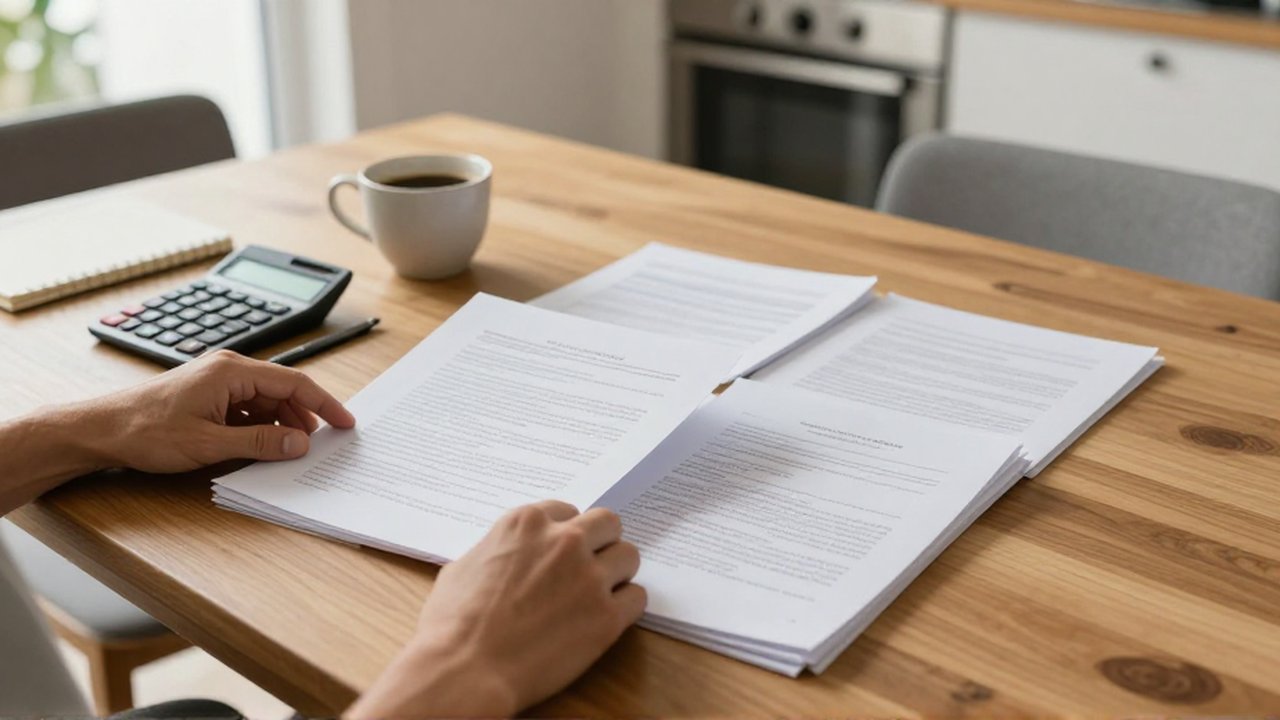 Manos organizando documentos de papel y una calculadora sobre una mesa de madera con café.