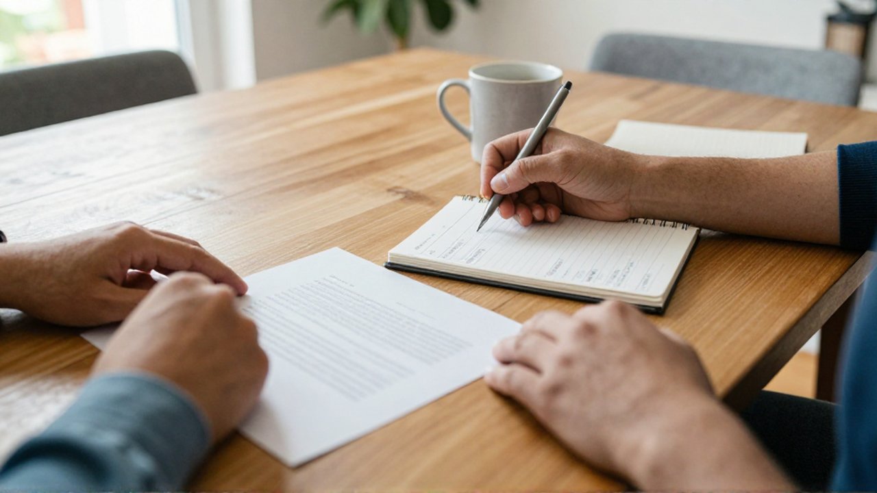 Manos diversas comparan dos documentos impresos sobre una mesa de madera con un cuaderno y una planta.