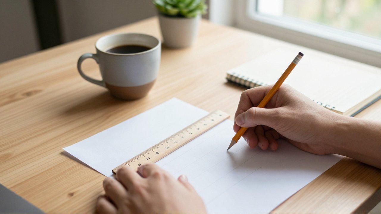 Manos usando una regla de madera y un lápiz para marcar un gráfico de papel sobre una mesa.