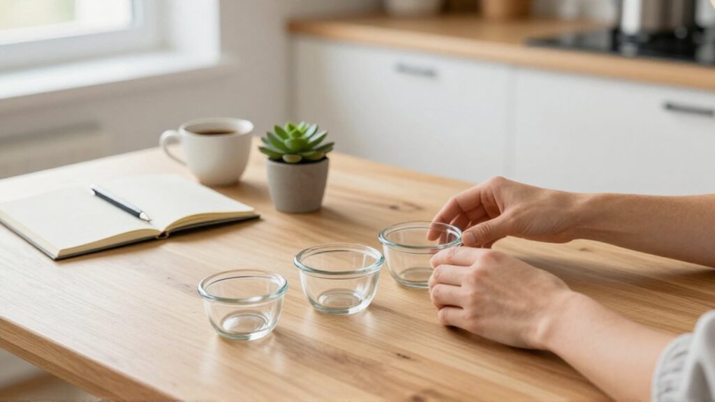 Unas manos organizan pequeños recipientes de vidrio sobre una mesa de madera junto a un cuaderno y un café.