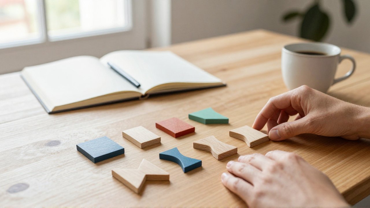 Manos organizando pequeñas piezas geométricas de colores sobre un escritorio de madera junto a un cuaderno y café.