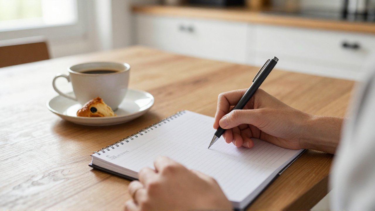 Manos usando un bolígrafo sobre una agenda de papel junto a un café y un dulce.