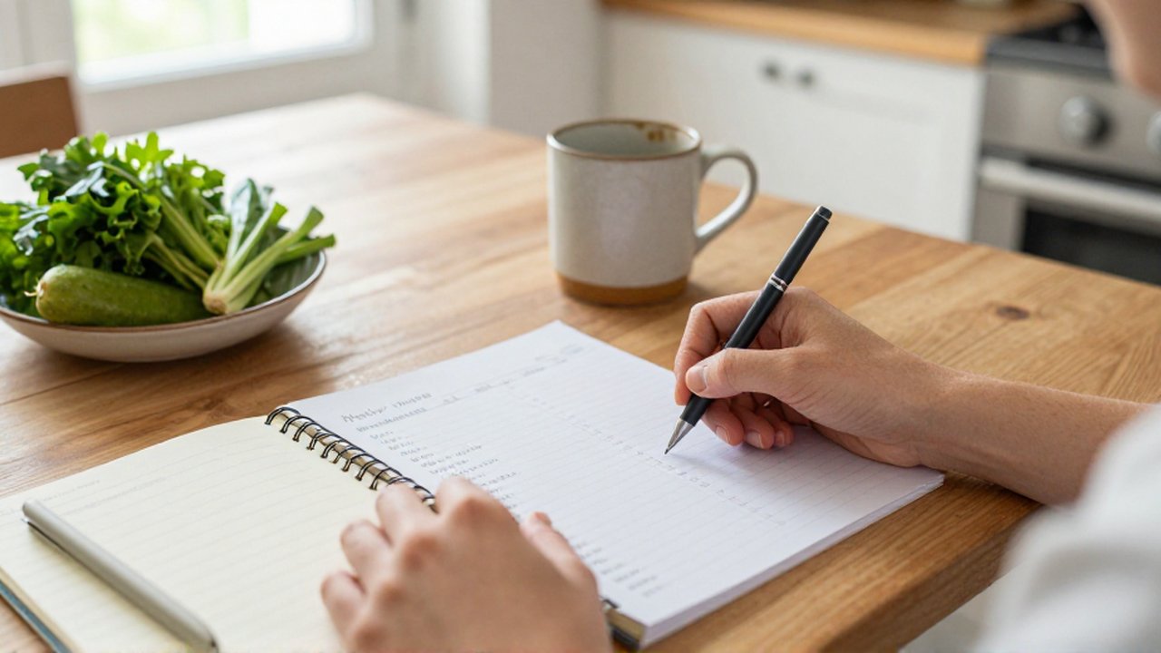 Manos escribiendo en una agenda y un cuaderno sobre una mesa de madera junto a un café y vegetales.