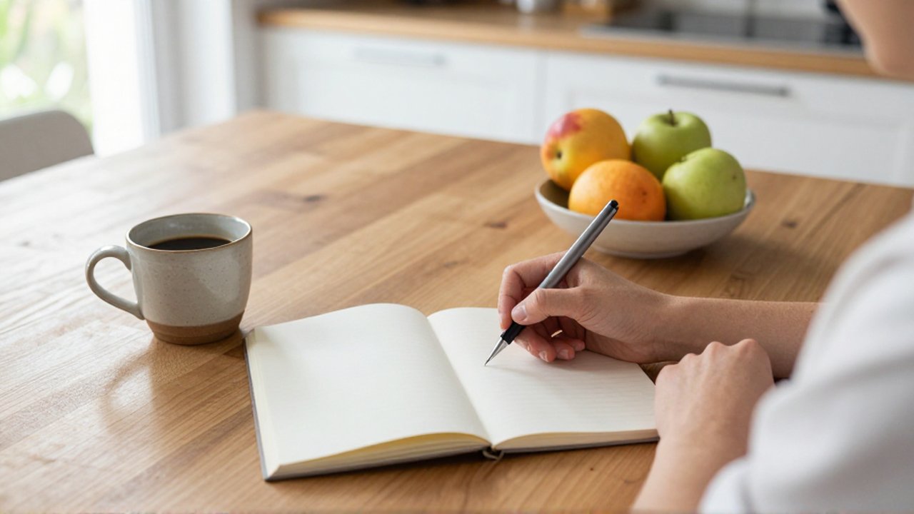 Manos sosteniendo un bolígrafo sobre un cuaderno abierto junto a una taza de café y fruta.