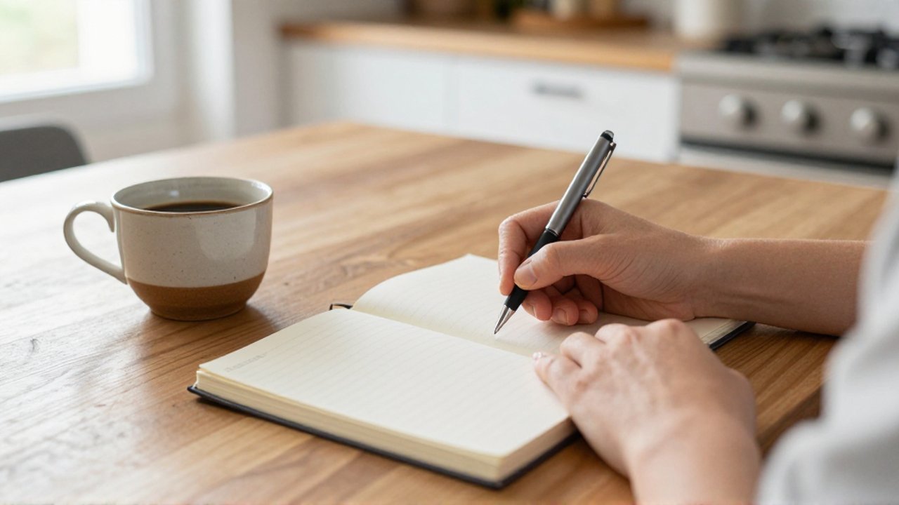 Manos escribiendo en un cuaderno sobre una mesa de madera junto a un bolígrafo y café.