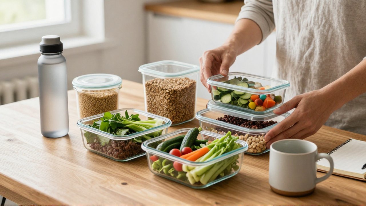 Manos de una persona organizando recipientes de vidrio con granos y vegetales sobre una mesa de madera.