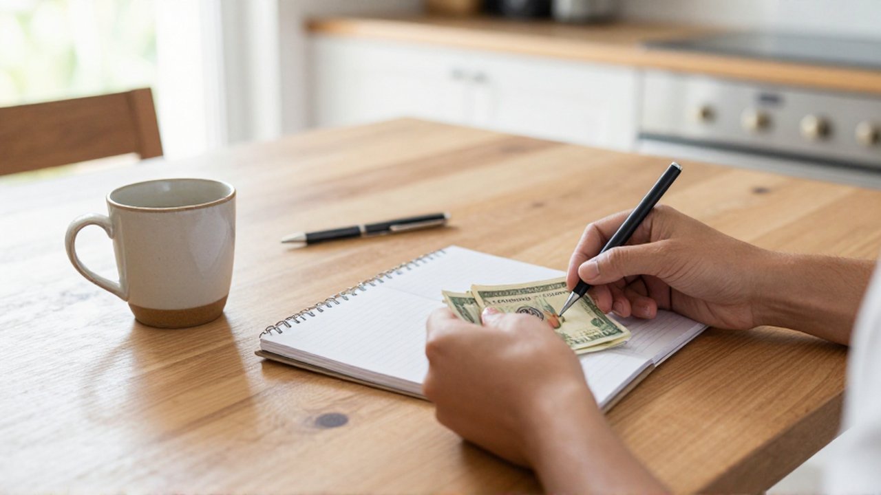 Manos organizando billetes y un cuaderno junto a una taza de café sobre una mesa de madera.