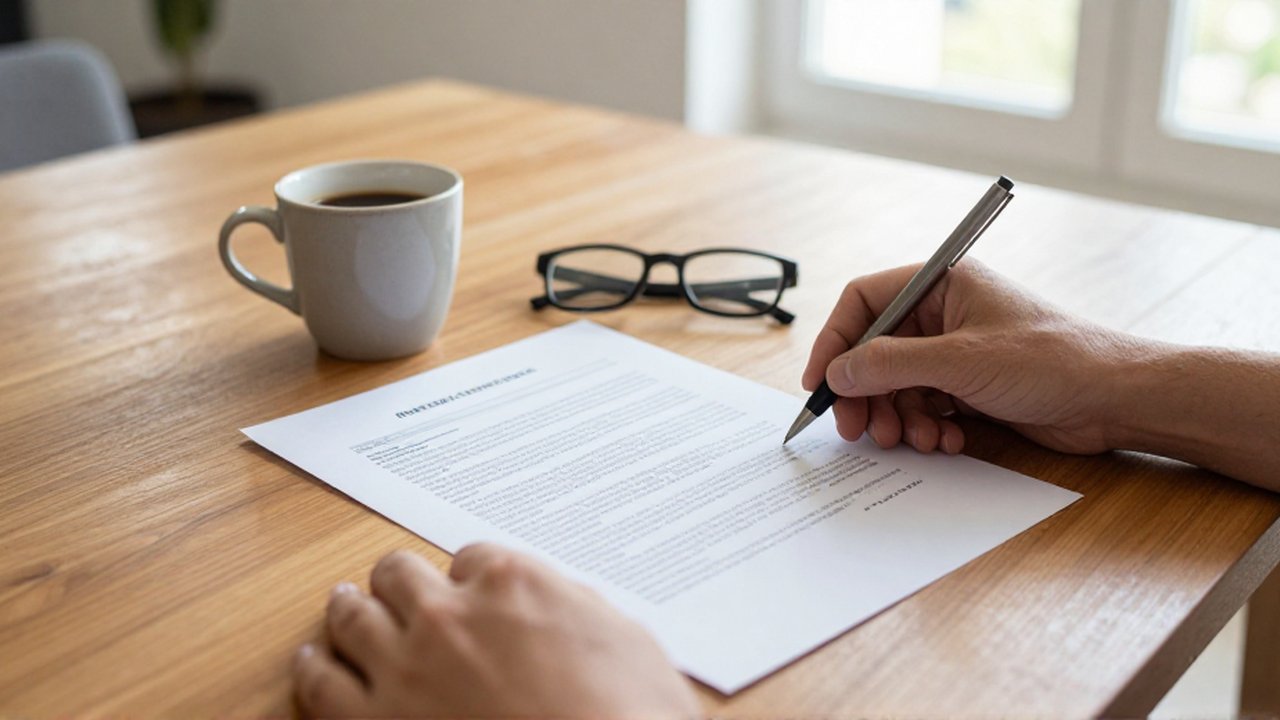 Manos de una persona revisan un documento impreso sobre una mesa de madera junto a un café y gafas.