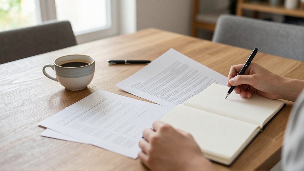 Manos revisando documentos financieros y un cuaderno abierto sobre una mesa de madera con café.